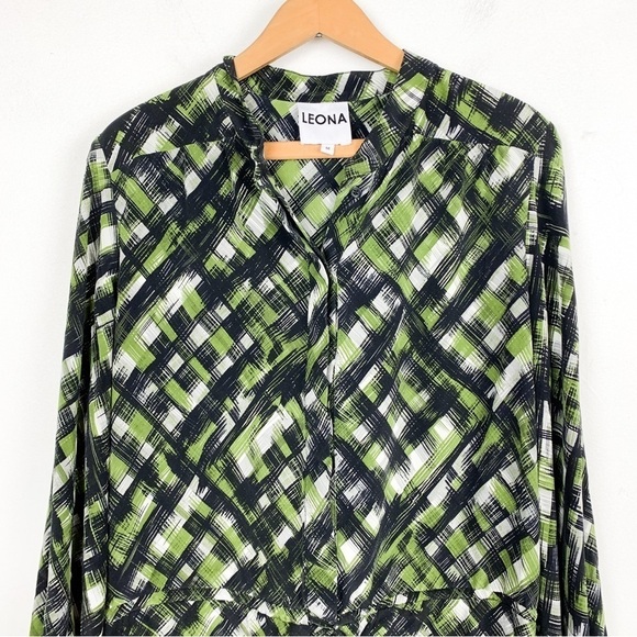 LEONA 100% Silk Green Long Sleeve Tie Waist Tunic Blouse Size M - Picture 3 of 7
